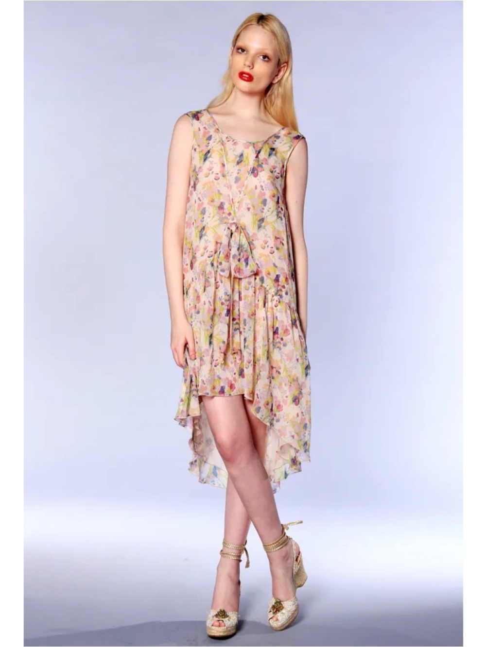 Anna Sui Art Nouveau Print High-Low Hem Midi Dress Tie-Front Resort 2013 Large
